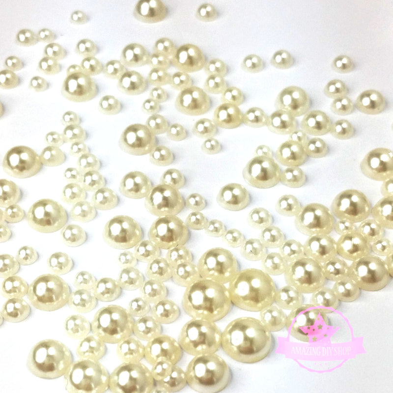 3mm to 6mm Mix Sizes Cream Round Faux Pearl Rhinestones Flat Back