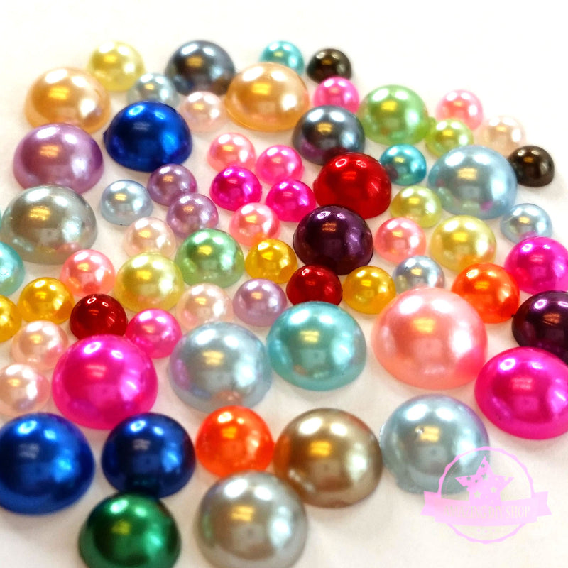 4mm to 8mm Mix Sizes & Colors Round Faux Pearl Rhinestones Flat Back