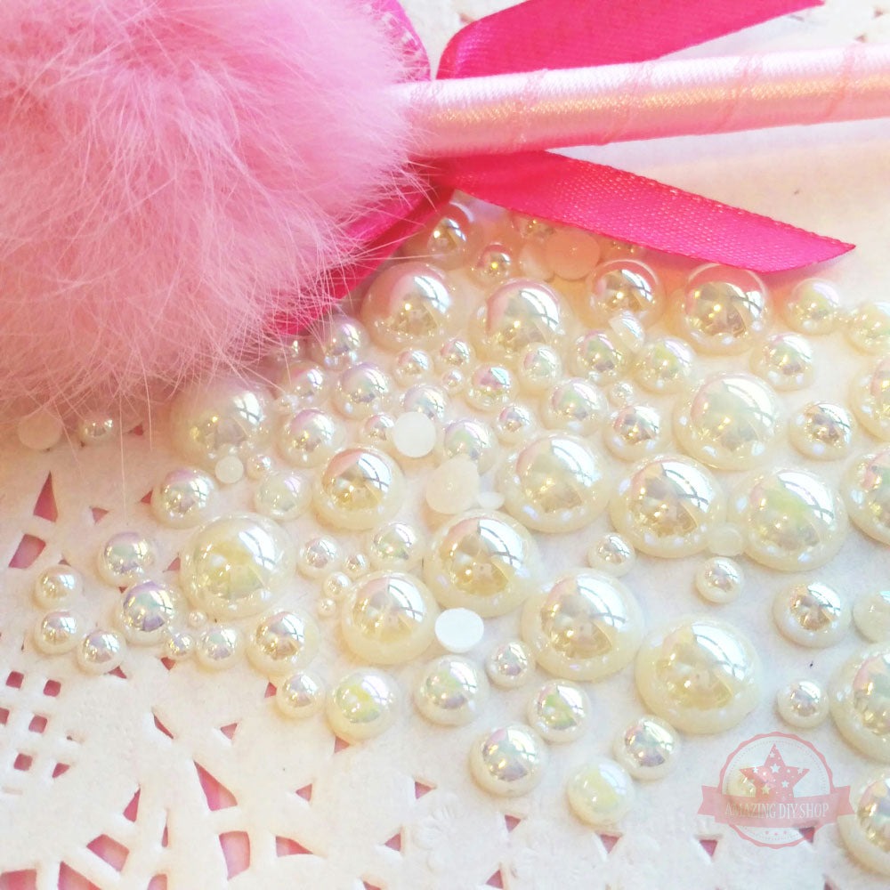 2mm to 10mm Mix Sizes Cream Shiny Round Faux Pearl Rhinestones Flat Back