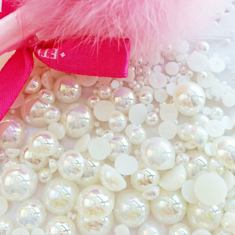 2mm to 10mm Mix Sizes Cream Shiny Round Faux Pearl Rhinestones Flat Back