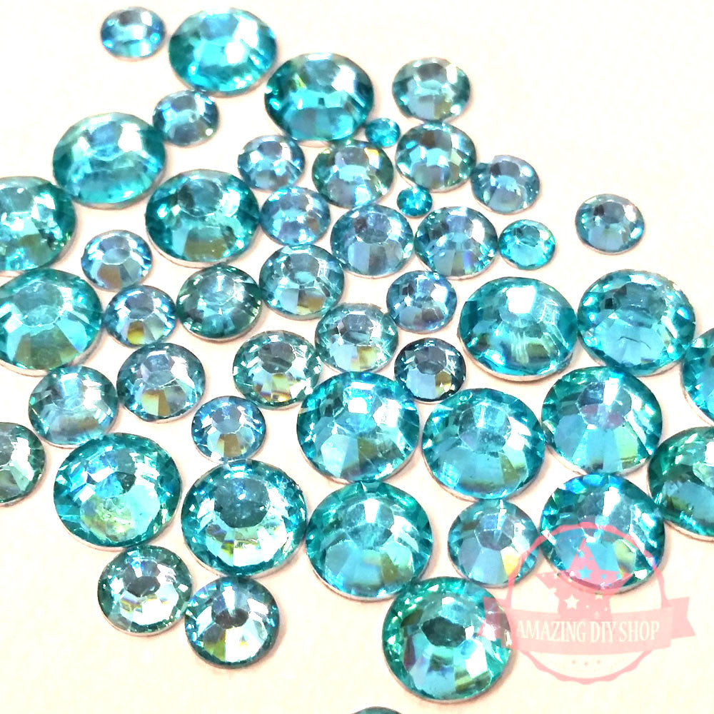 2mm to 6mm Mix Sizes Resin Aquamarine Blue Round Rhinestones Flat Back