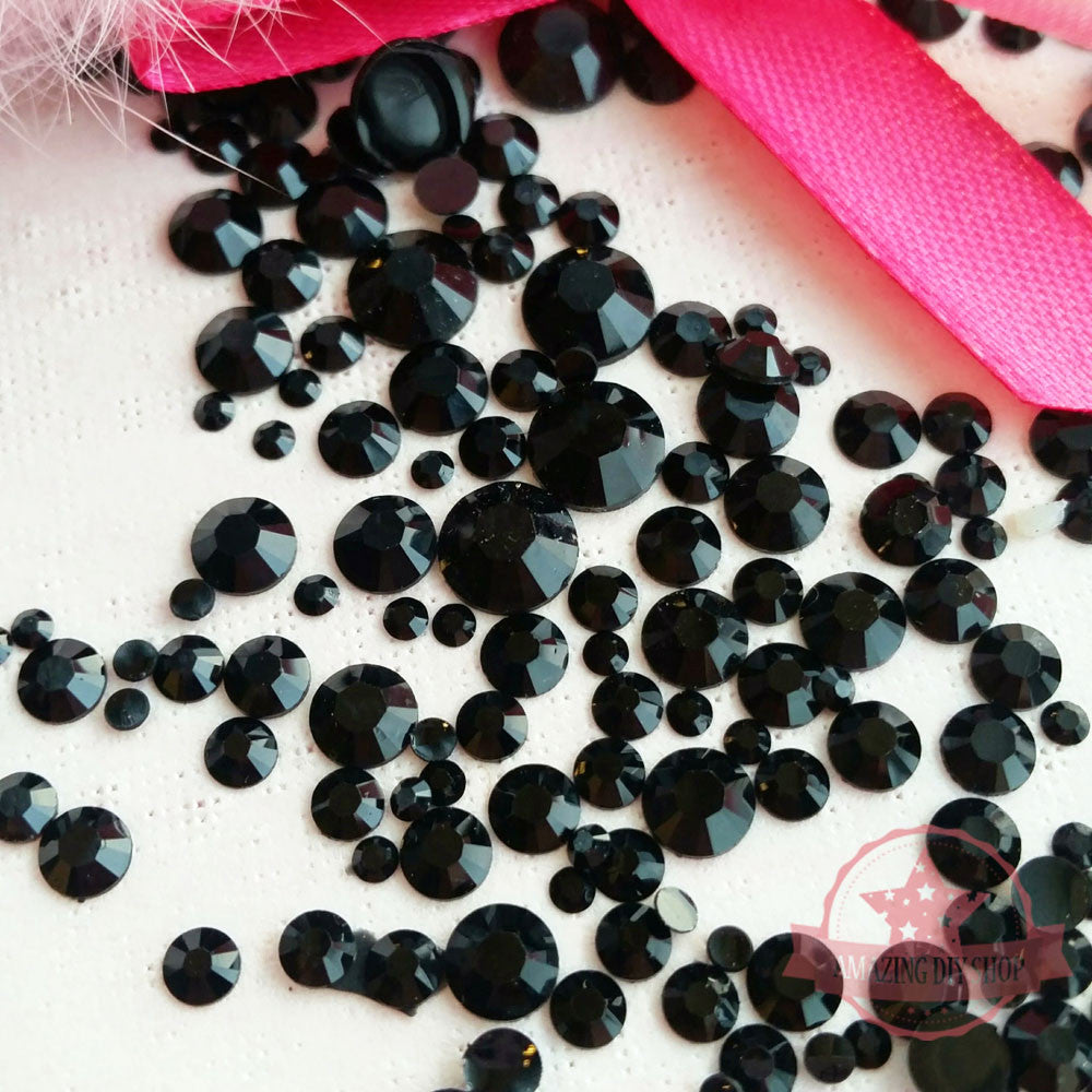 2mm to 6mm Mix Sizes Resin Jet Black Round Rhinestones Flat Back