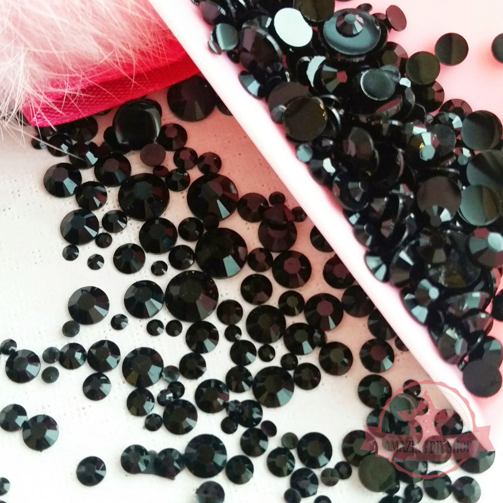 2mm to 6mm Mix Sizes Resin Jet Black Round Rhinestones Flat Back