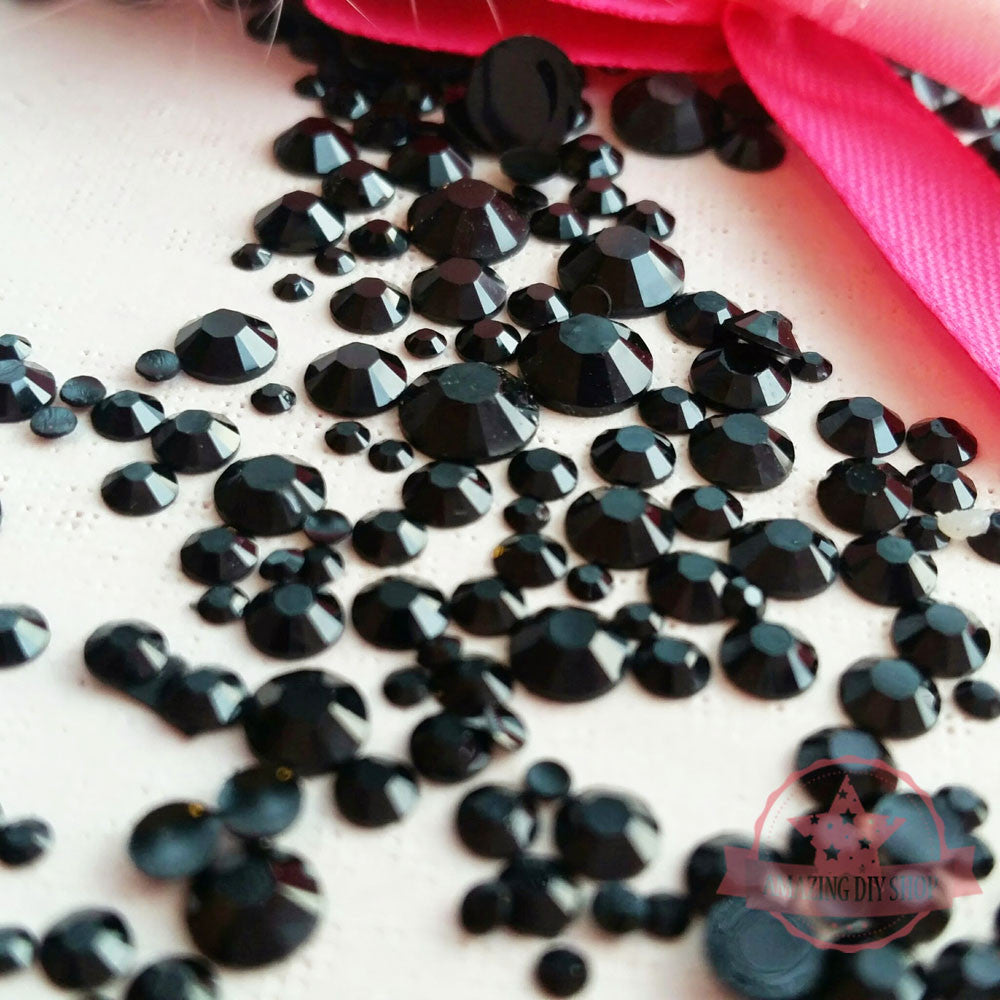 2mm to 6mm Mix Sizes Resin Jet Black Round Rhinestones Flat Back