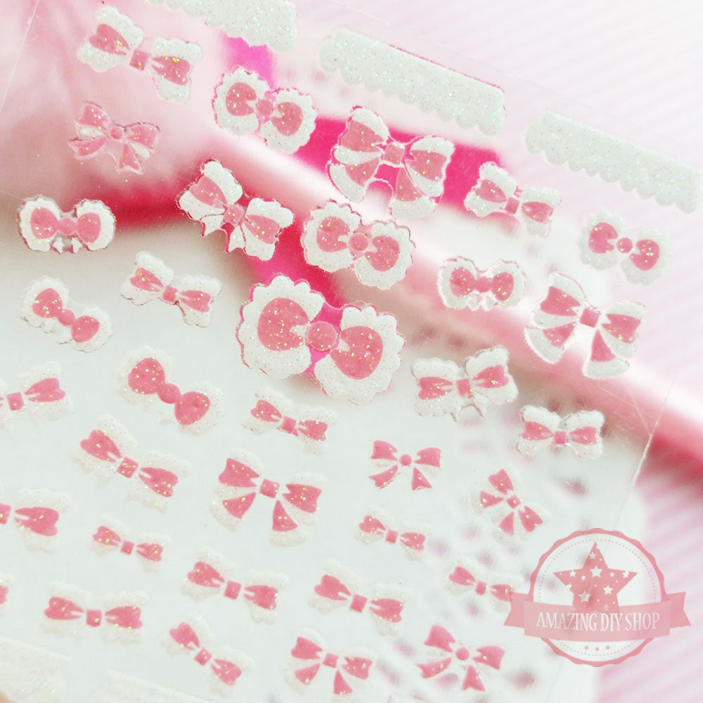 Light Pink Bow Lace Ribbon Nail Art Self Adhesive Stickers