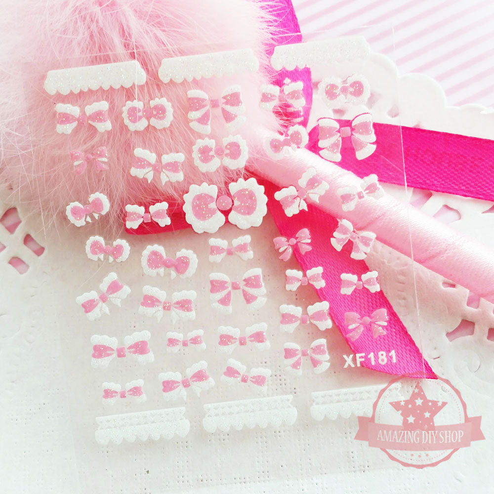 Light Pink Bow Lace Ribbon Nail Art Self Adhesive Stickers
