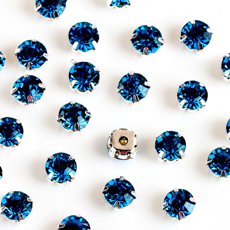 Sew-On Cut Round Glass Rhinestones with Silver Settings