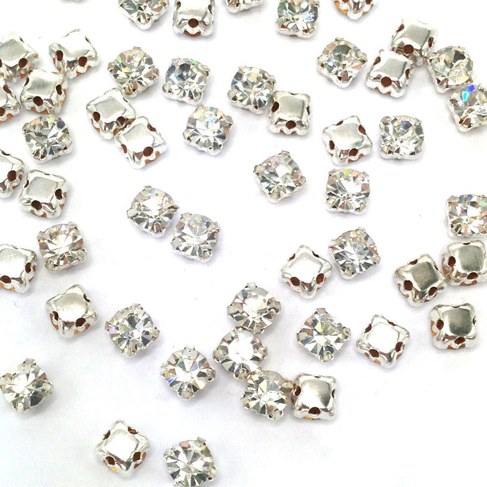 Sew-On Cut Round Glass Rhinestones with Silver Settings