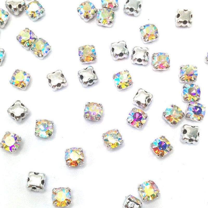 Sew-On Cut Round Glass Rhinestones with Silver Settings