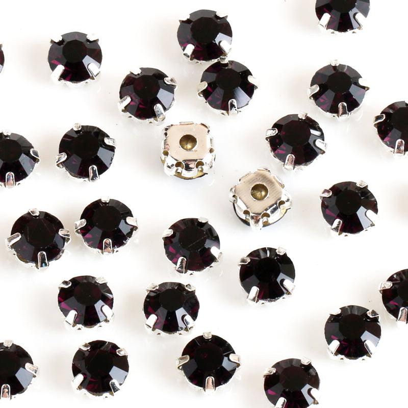 Sew-On Cut Round Glass Rhinestones with Silver Settings