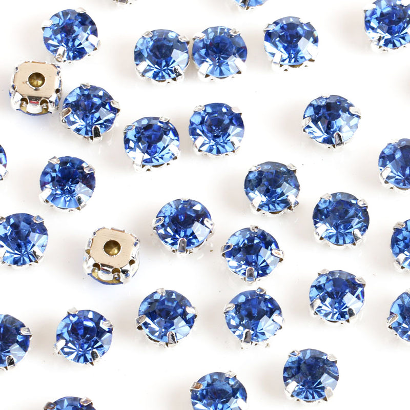 Sew-On Cut Round Glass Rhinestones with Silver Settings