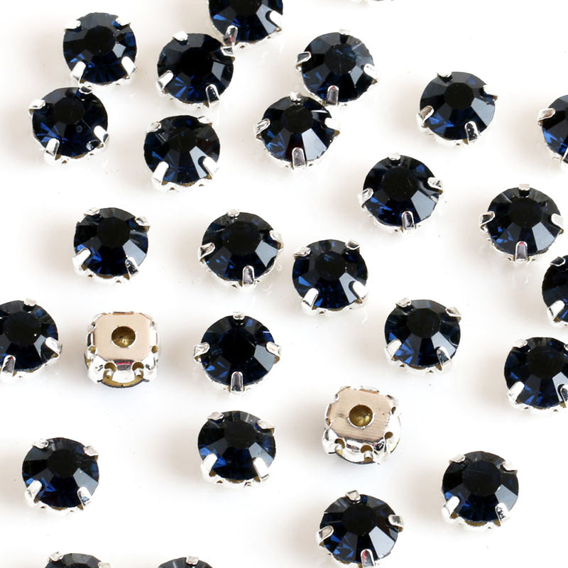 Sew-On Cut Round Glass Rhinestones with Silver Settings